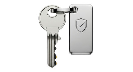 Isolated key with shield-shaped tag symbolizes security and protection on a clean background