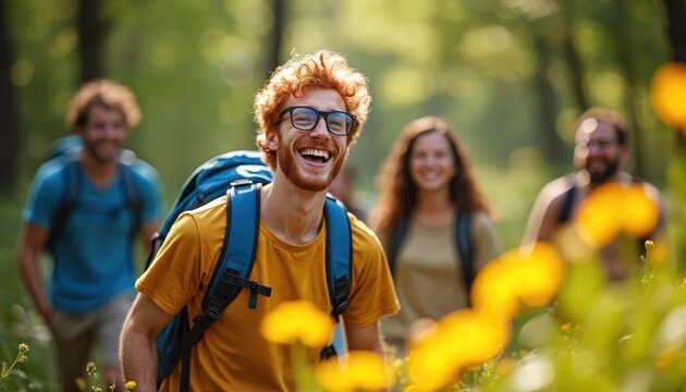 Group of coworkers enjoy team-building exercise outdoors in forest park setting. Friends smiling, laughing, walking together on sunny summer day. People bond, communicate, engage in healthy outdoor - Powered by Adobe