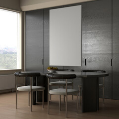 The modern home and living and dining room interior design and white canvas frame on black wooden wall texture background.