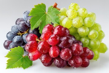 Fresh wet grape bunches in red, green, and black with vine leaves on white background closeup Generative AI