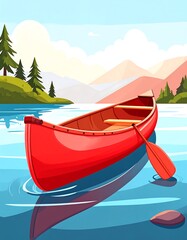 Canoe on a serene lake, scenic mountains