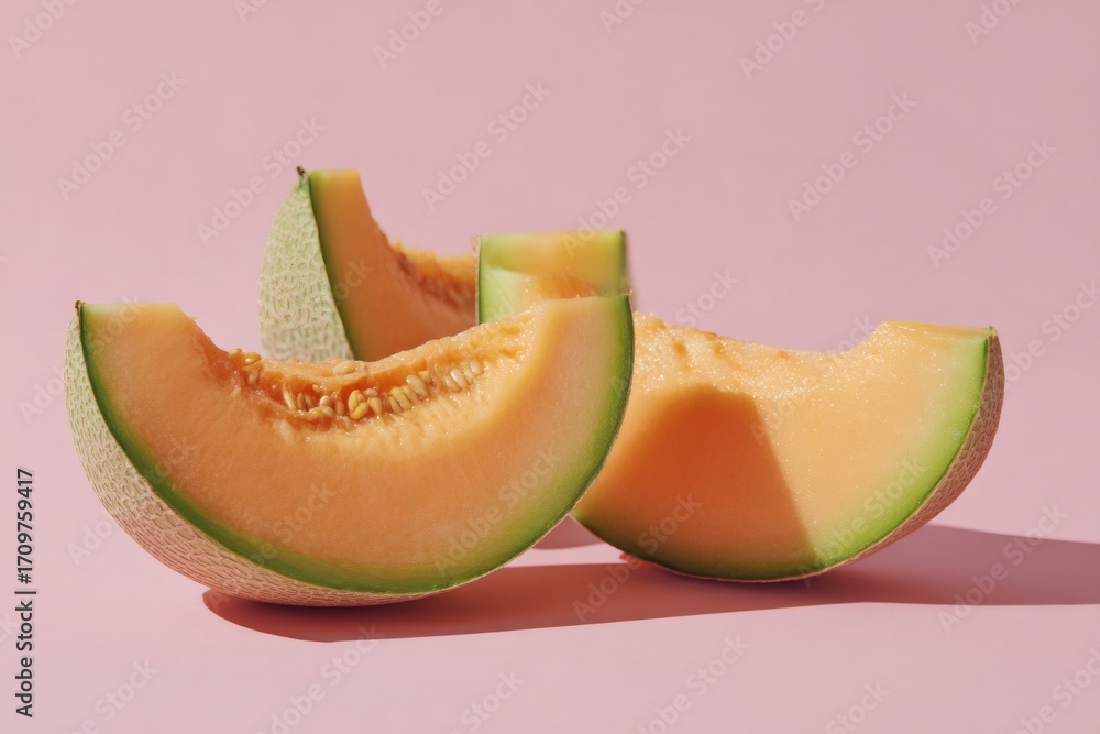 Poster three slices of cantaloupe melon on a vibrant pink background create a refreshing summer image