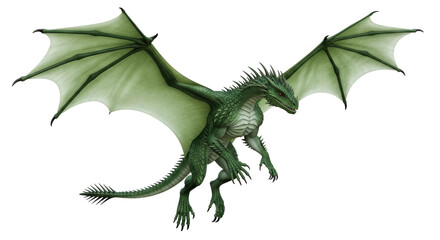 Isolated Green Dragon with Wings Flying Fantasy Myth, a Magical Beast and Fairytale Creature