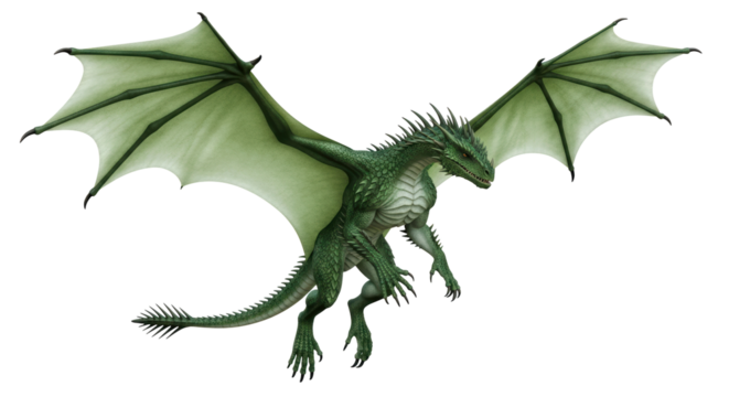 Isolated Green Dragon with Wings Flying Fantasy Myth, a Magical Beast and Fairytale Creature