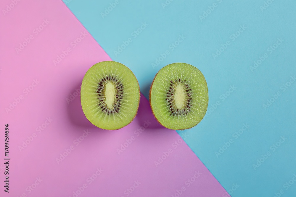 Poster halved kiwis creating a colorful and refreshing display against a vibrant two tone background of pas