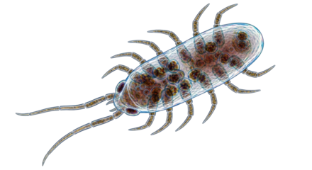 Isolated microscopic crustacean with a translucent body, multiple legs, and brown structures