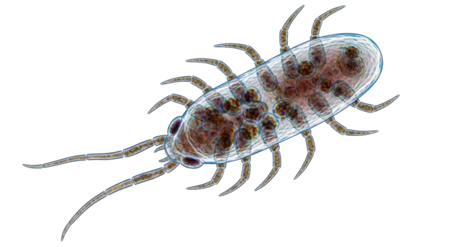 Isolated microscopic crustacean with a translucent body, multiple legs, and brown structures