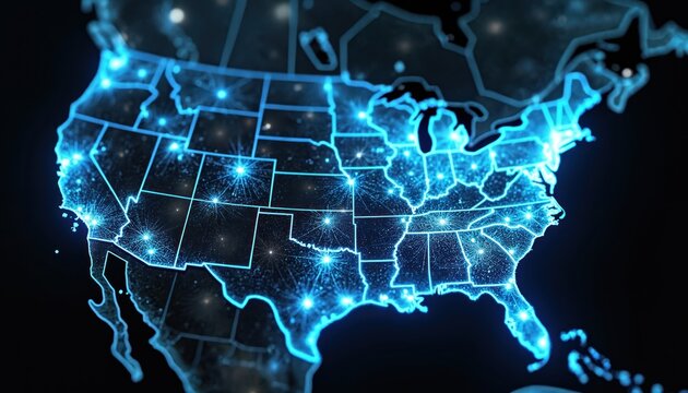 Glowing blue data threads form neural network patterns across USA map. Dark satellite view backdrop shows illuminated cities, connectivity. Abstract digital light communication, futuristic cyberspace