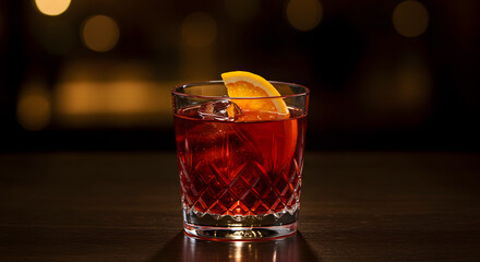 Elegant Negroni cocktail with orange slice, ice, and crystal glass, perfect for bars