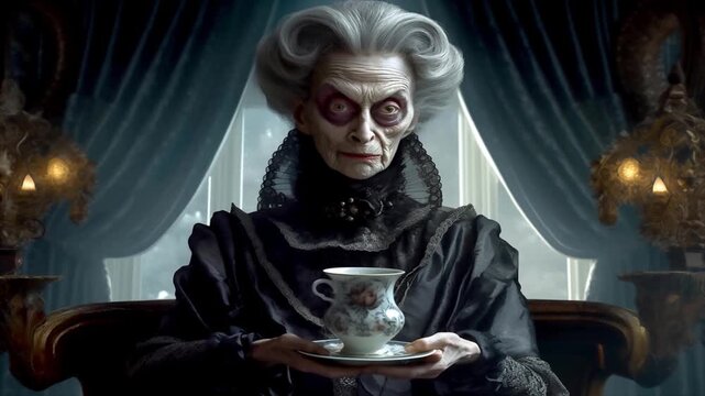 Old gray haired terrible woman in antique black dress. 