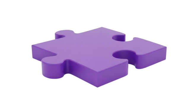 Isolated purple jigsaw puzzle piece on a light surface with natural shading and highlights