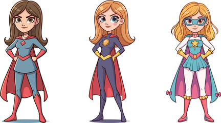 Cartoon female superheroes in colorful costumes, confident poses, animated characters, capes, emblems, fashion, power, illustration © Md