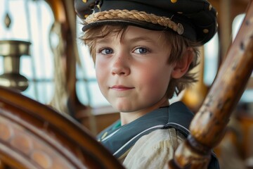 Portrait of a confident young boy wearing a captain's hat and nautical uniform, holding a ship's wheel