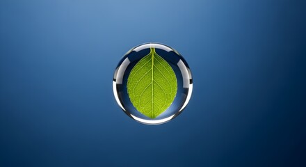 A single green leaf is encased in a clear, spherical water droplet against a gradient blue background.