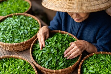 Tea farmer gently handling freshly harvested green tea leaves