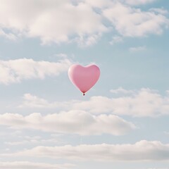 Pink Heart-Shaped Balloon Floating in Cloudy Sky