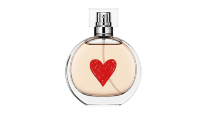 Isolated fragrance product shot. Perfume bottle with liquid and heart on clear background.