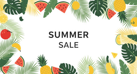 Get ready for the amazing summer sale event full of tropical fruits and leaves.