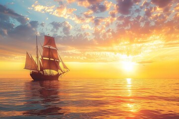 Obraz premium Ancient sailing ship is sailing on calm ocean waters during a breathtaking golden sunset, with a majestic cloudscape creating a dramatic atmosphere