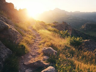 Hiking trail through golden hills at sunset