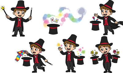 Cartoon magician performing magic tricks, whimsical character illustration with wand, hat, flowers, stars, fantasy entertainment, kids show, magical performance, fun