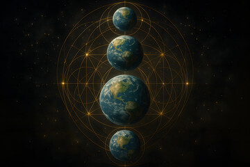 Artistic cosmic scene with multiple Earths aligned vertically inside sacred geometry, symbolizing universal harmony, spirituality and metaphysical vision