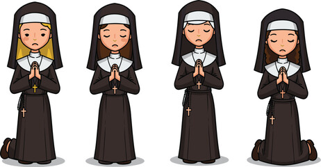 Cartoon nuns praying in black habits, religious illustration, kneeling and standing poses, white wimples, gray background, devotion theme