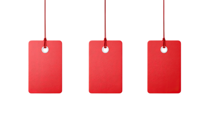 Three red tags, hanging, with string and small metal ring