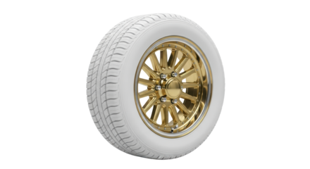 Isolated vintage car tire with gold rim for luxury automobile classic car design