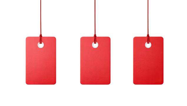 Three red tags, hanging, with string and small metal ring