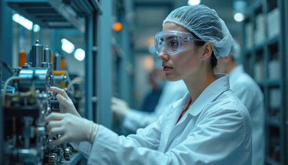 Female scientist works with complex machinery in laboratory environment. Wears protective glasses, lab coat, handling equipment for sustainable aviation fuel certification process. Focus on