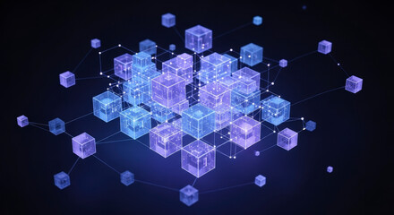 Connected Cubes in a Dark Ambiance Showing a Blockchain Network with Glowing Points and Lines in Blue and Violet