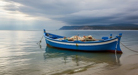 Naklejka premium Blue Fishing Boat with Net on Calm Water Under Cloudy Sky
