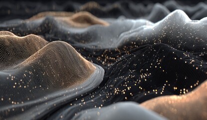 Abstract digital landscape of textured hills,  golden particles