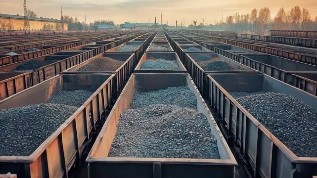 Exploring a vast material storage site with zoom and slow pan over containers of aggregate and minerals
