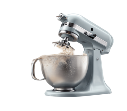 Light-blue stand mixer pouring flour into bowl