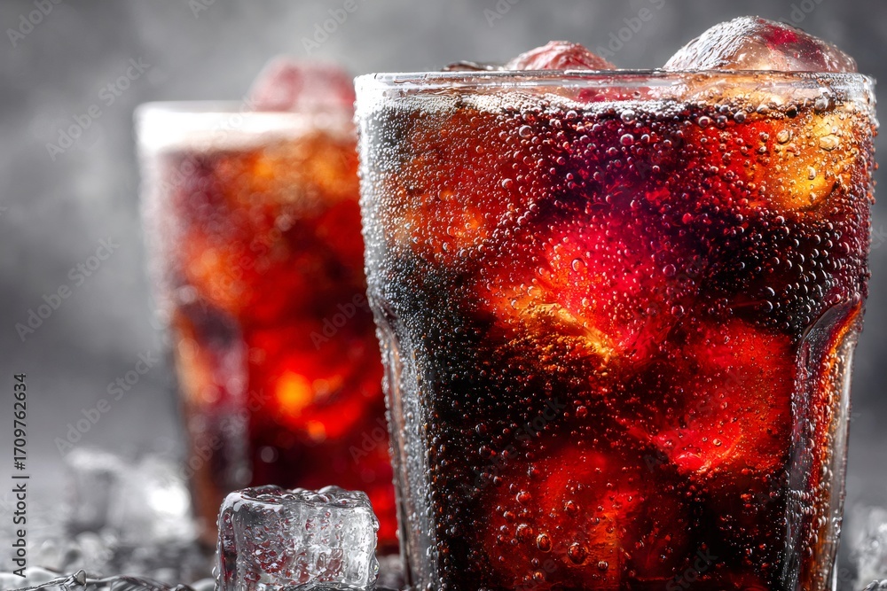 Poster two glasses filled with ice and a carbonated soft drink are creating condensation on a dark backgrou