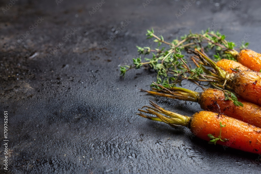 Poster glazed carrots with thyme sprigs on a black background, creating a rustic and appetizing culinary sc