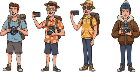 Cartoon tourists with cameras, diverse travel outfits, backpackers exploring, photography adventure, sightseeing characters, vacation illustration, travel lifestyle, tourism concept, outdoor journey