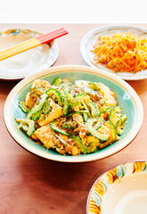 Okinawan Goya Champuru Stir Fry with Bitter Melon, Tofu, and Pork