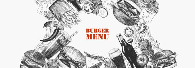 Fototapeta premium Burger Menu. Hand-drawn illustration of dishes and products. Ink. Vector 