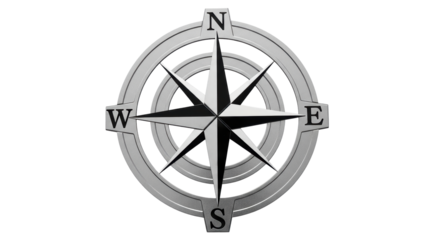 Isolated compass rose navigation instrument with north south east west directions metal