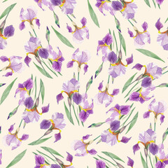 Seamless pattern of irises on a beige background. Watercolor handmade illustration. For packaging design, cards, cover, prints, product labels and fabric. 
