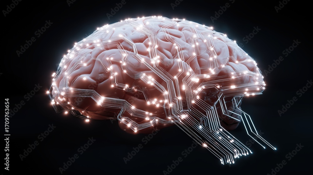 Poster a futuristic brain with glowing circuits, symbolizing the intersection of technology and neuroscienc