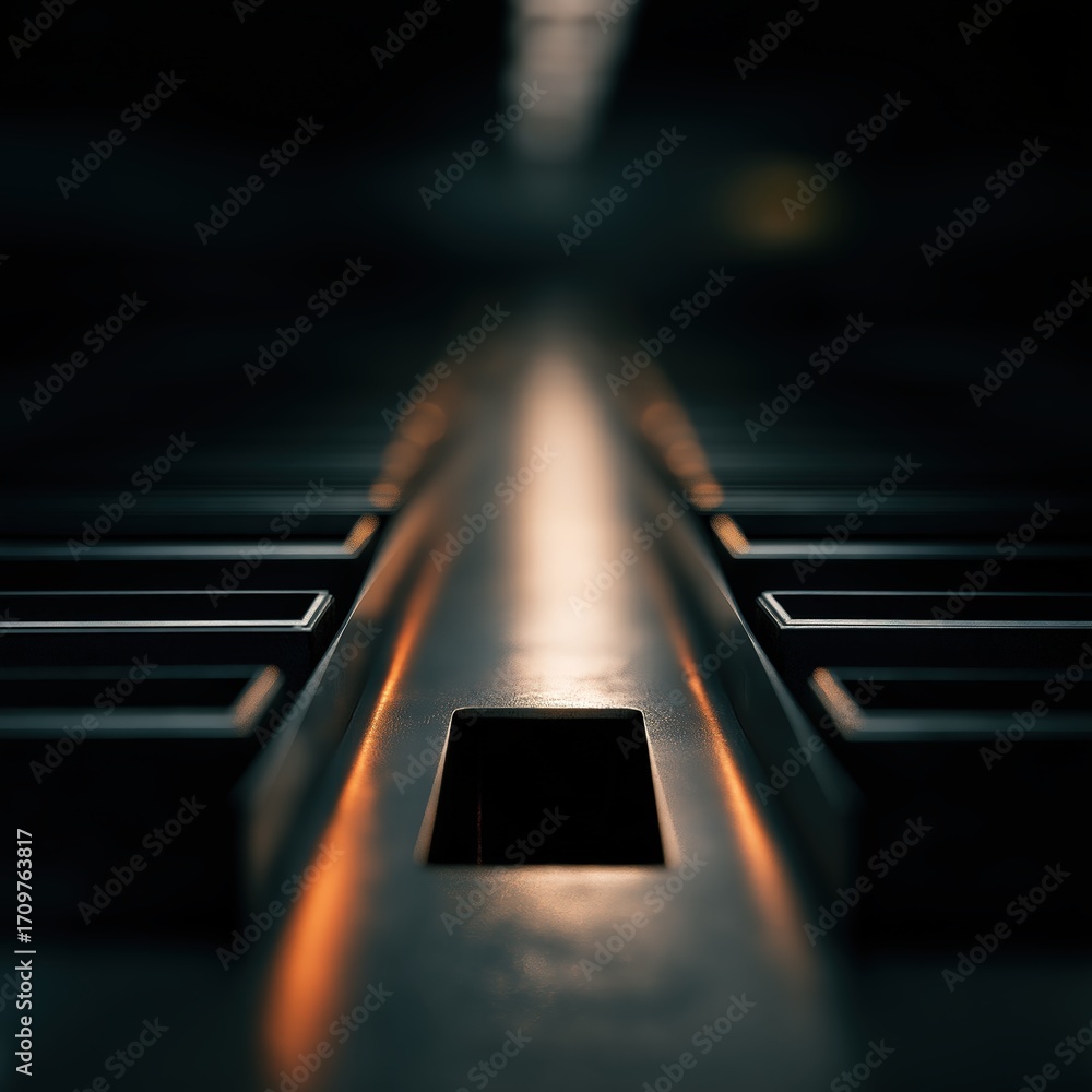 Poster a close-up view of a metallic surface with highlighted grooves, creating a dramatic perspective and 