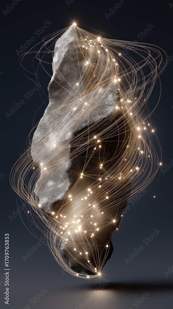 Poster a luminous, abstract representation of a rock surrounded by swirling light trails, creating a mystic