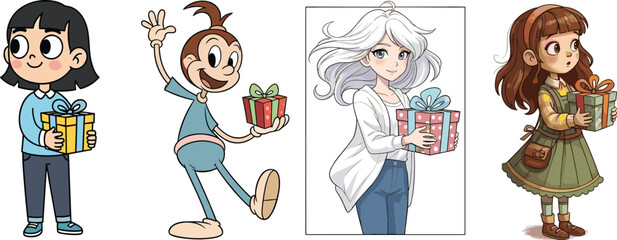 Diverse cartoon characters holding colorful gift boxes, festive celebration, joyful people, holiday spirit, giving, happiness, unity, fun