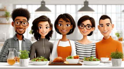 Group of diverse friends gathered around a festive table, enjoying a delicious Friendsgiving meal with vibrant dishes and warm atmosphere, celebrating friendship and gratitude