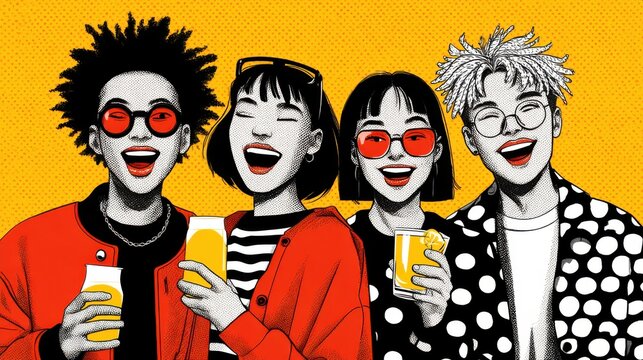 Group of diverse friends celebrating Friendsgiving day, joyfully holding drinks, wearing stylish outfits, with vibrant colors and cheerful expressions, creating a festive atmosphere of togetherness