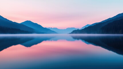 Obraz premium Pastel hues reflecting on a serene mountain lake at dawn, surrounded by gentle fog and lush forest, creating a tranquil atmosphere